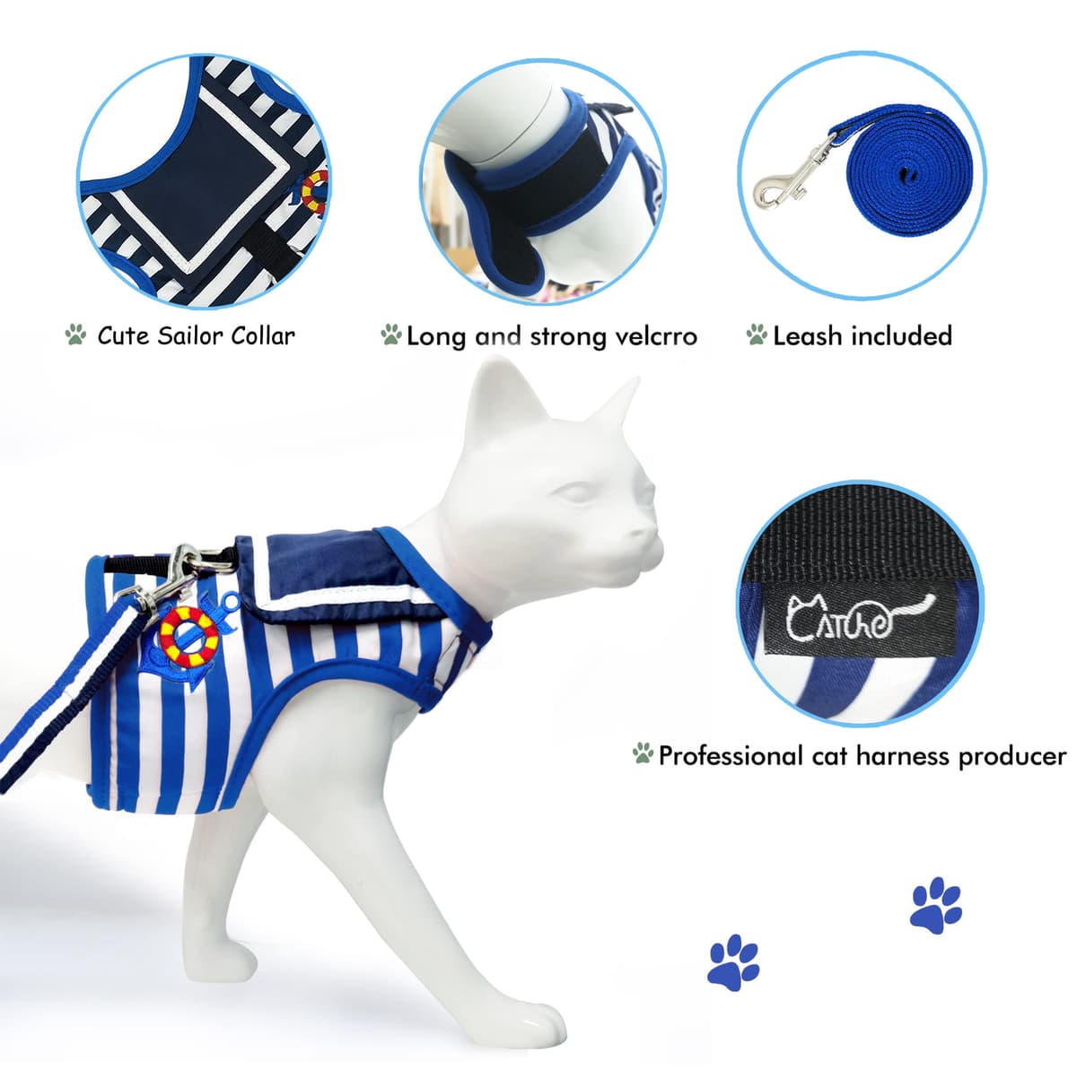 Escape Proof Cat Harness with Leash Large, Adjustable Cat Walking Jackets, Padded Cat Vest Sailor Suit Navy — view 5