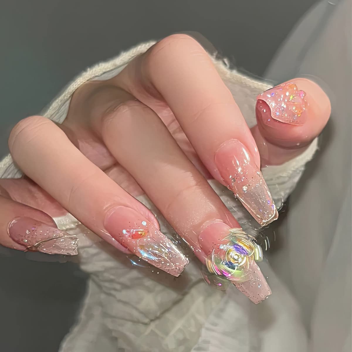 Sun&Beam Nails Handmade Press On Nail Long Coffin Ballerina Pink Flower Acrylic Fake Tip 3D Design Art Charms Cute with Storage Box 10 Pcs (S) — view 352