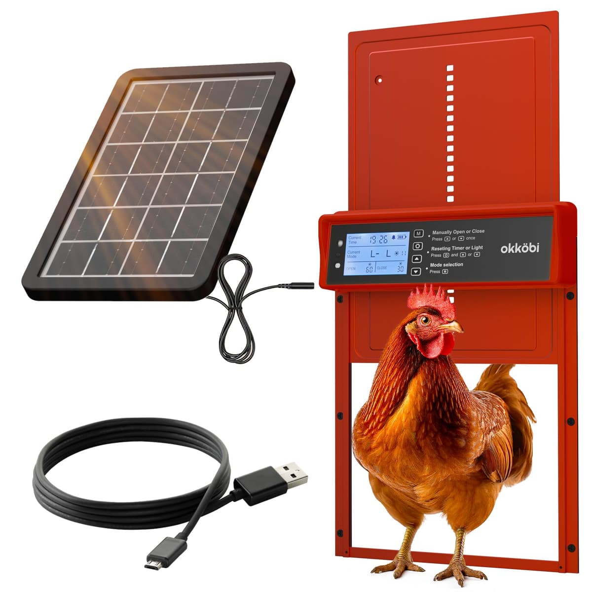 Okkobi Automatic Chicken Coop Door Solar Powered - LCD Display - Chicken Coop Door with Remote Control, Light Sensor & Timer - Security & Peace of Mind: Anti-Pinch Function - 5-Year Protection - Grey — view 2