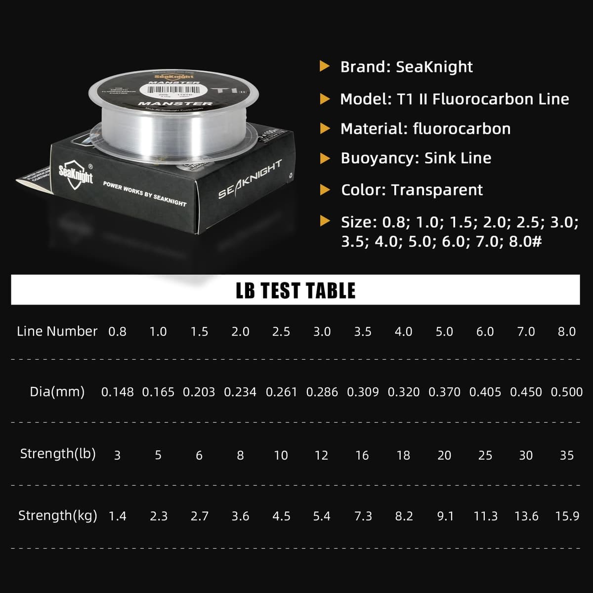 SeaKnight Línea Fluorocarbono 100m/110yds para Carpa, Monofilamento Transparente Invisible Líder de Hundimiento Rápido para Pesca en Mar 3-35LB — view 2