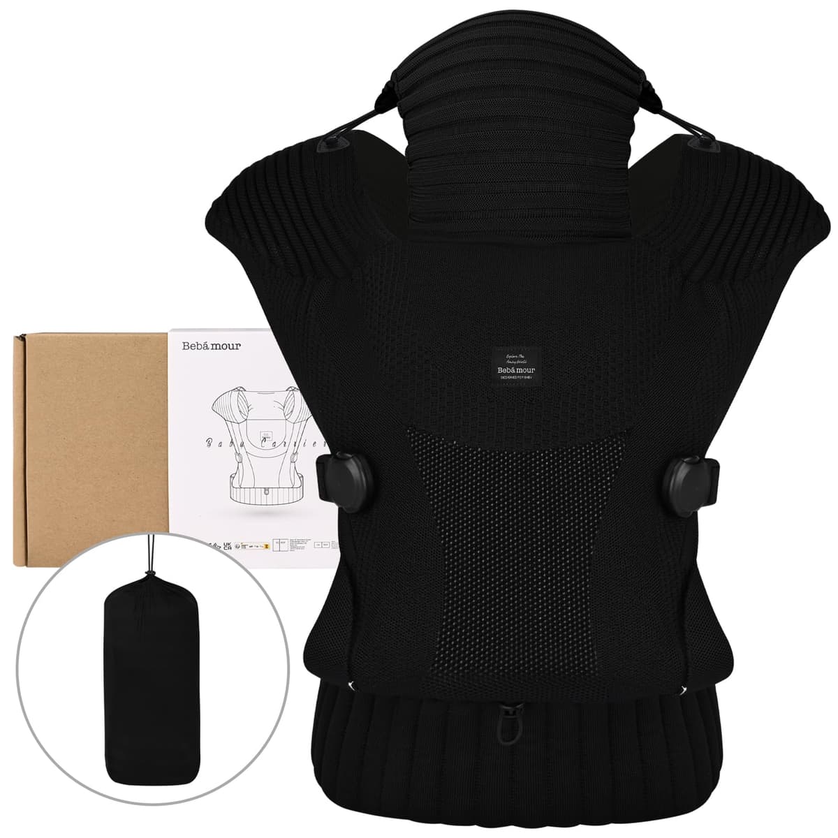 Bebamour Knit Baby Carrier,Cozy and Lightweight Carrier for 4-24 Months,Ergonomic Baby Carrier with Head Hood, Black — view 4
