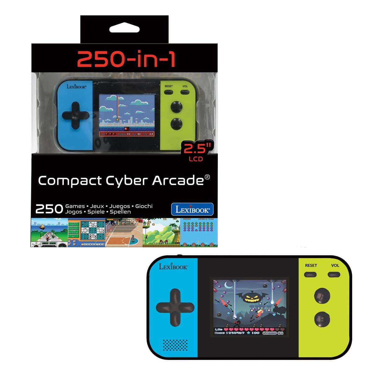 Lexibook Compact Cyber Arcade Portable Game Console, 250 Games, LCD, Battery, Video Game Child Teen, Black/Blue/Green, JL2377LXB
