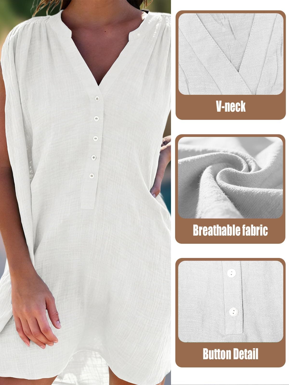 JFAN Camisolas Playa Mujer Verano Vestido de Playa Cuello V Camisa Sin Mangas Suelta de Bikini Cover Up Beachwear — view 5