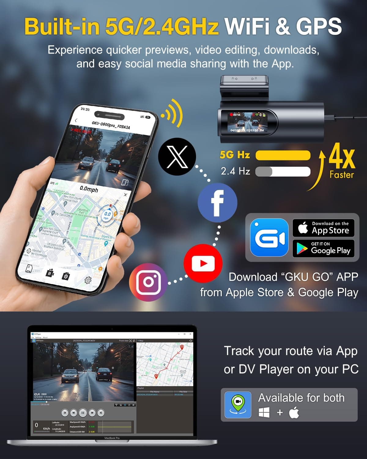 GKU 4K Dash Cam Front and Rear, 5GHz WiFi GPS, Dual Car Camera, 1.5” IPS Mini Dashcam for Cars with 64GB SD Card, 24H Parking Mode, Night Vision, WDR, 170° Wide Angle, G-Sensor, App Control, Max 256GB — view 3
