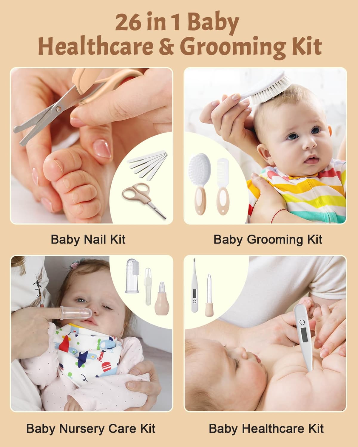 Lictin Set para Cuidado del Bebé-26 en 1 recargable cortaúñas eléctrico para bebé set, Lima de uñas para bebés con iluminación automática, Portátil Kit de Aseo para Bebés, ¡gran idea de regalo(Caqui) — view 6