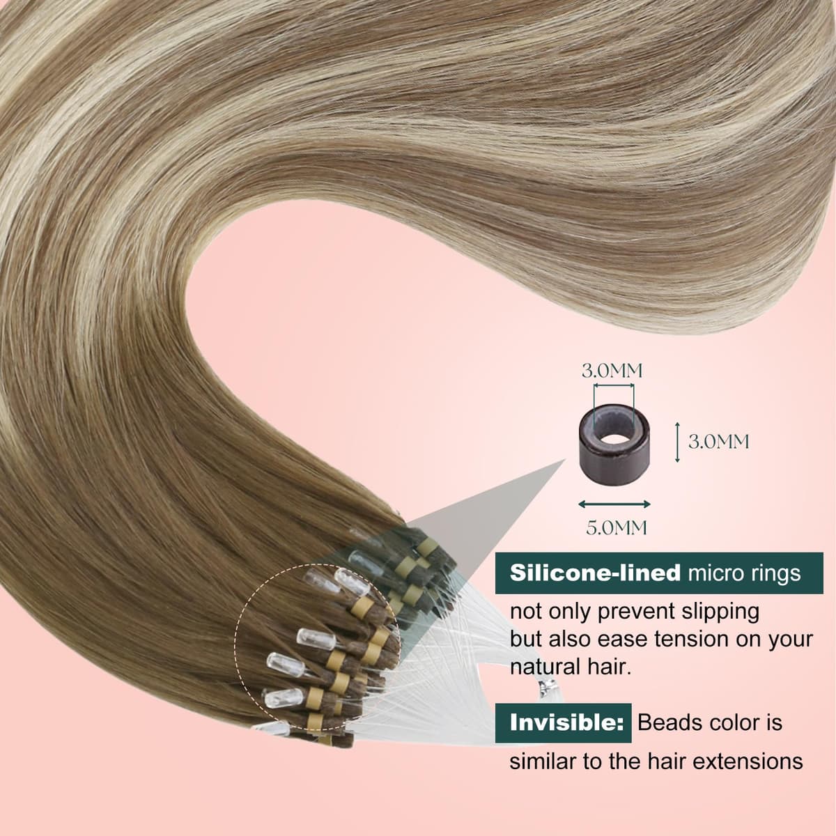 Easyouth Balayage Micro Ring Hair Extensions Ombre Human Hair Micro Beads Hair Extensions Real Human Hair Dark Brown to Light Brown and Medium Blonde Micro Link Human Hair Extensions 16 Inch 50g/50s — view 4