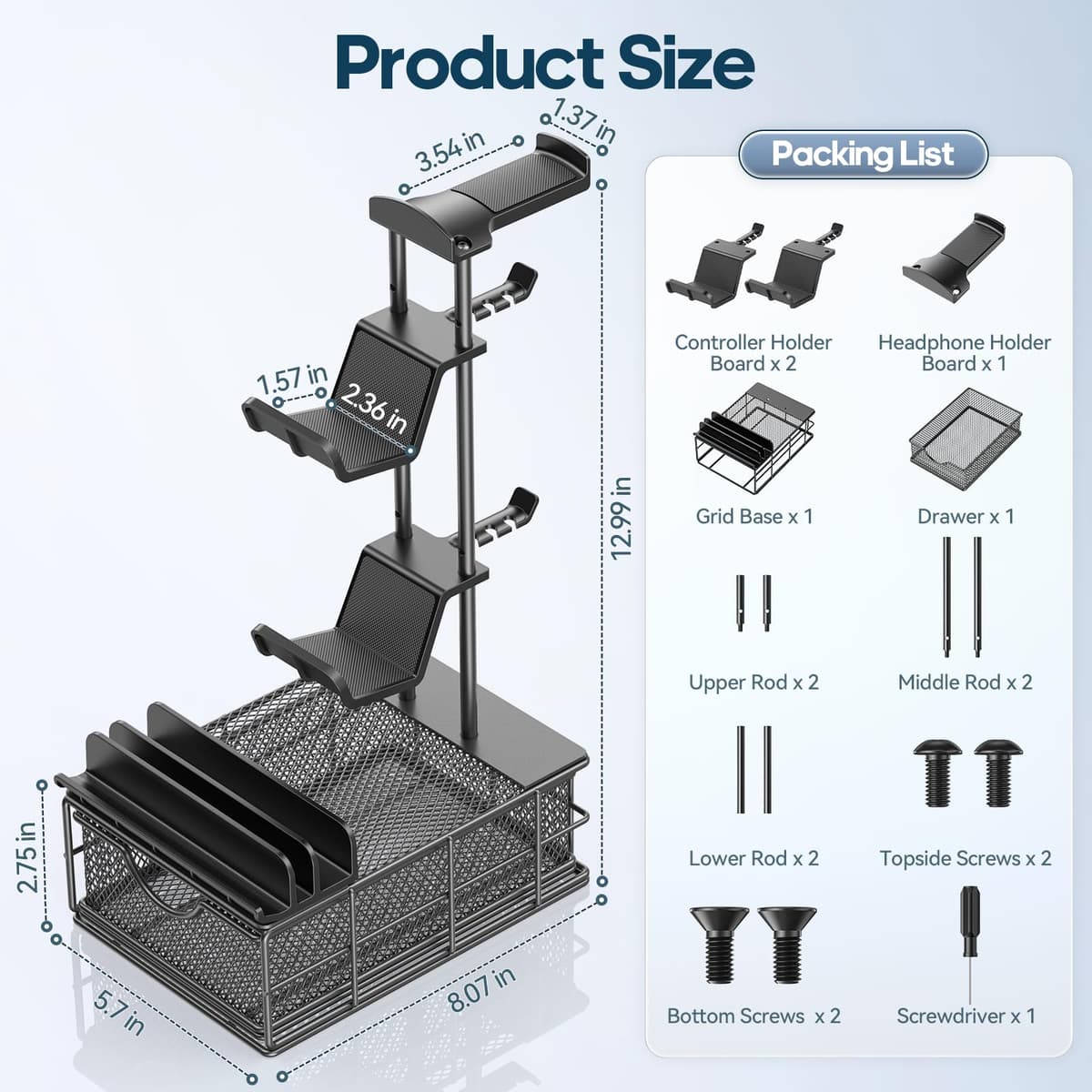 KDD Gaming Headset Stand with Drawer, Universal Stand Controller & Headphone Holder Table with Cable Organizer, Controller Hook with Aluminium Support Bar for Gaming Accessories Gaming PC — view 8