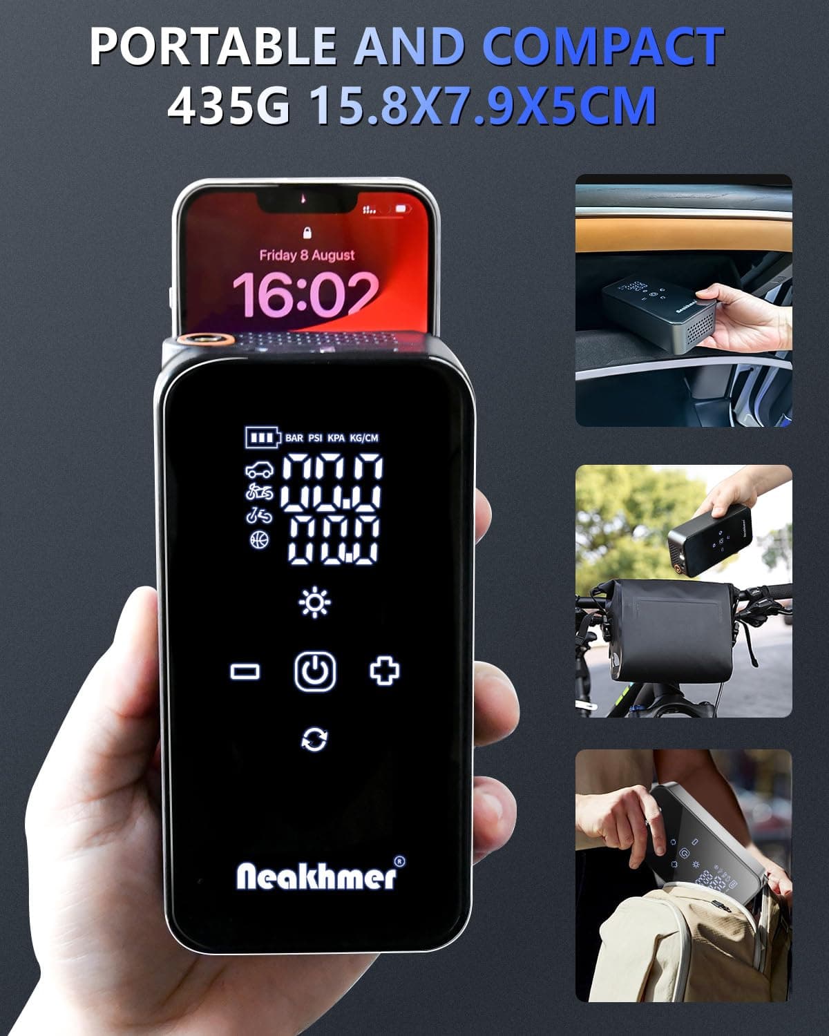 Inflador Ruedas Coche Hinchador Electrico: Mini Compresor Aire Portatil 150 PSI, con batería de 6000 mAh, Bomba Bicicleta 12 V con medidor de presión de neumáticos para Coche,Bicicleta y Motocicleta — view 5