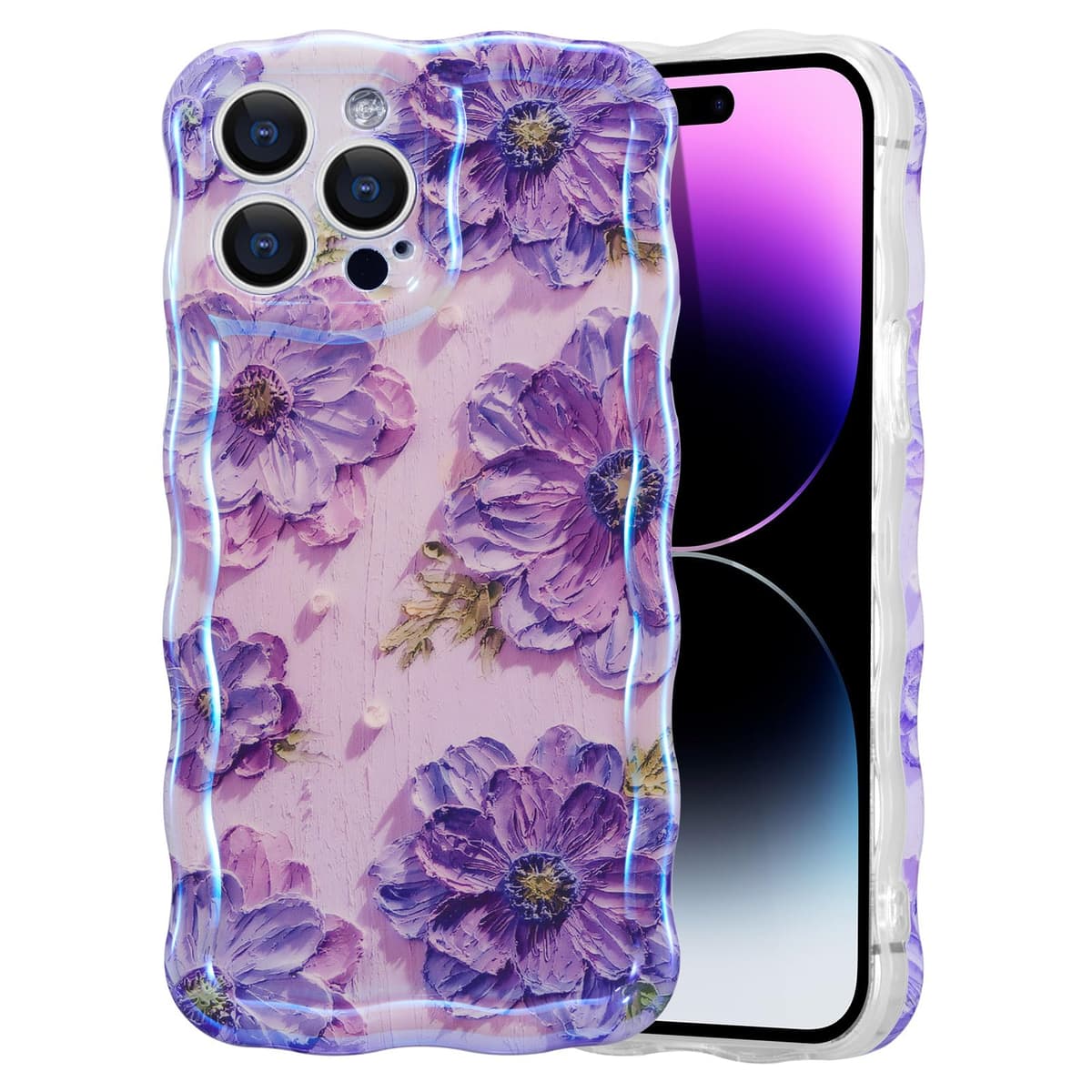 EYZUTAK Case for iPhone 16, Colorful Retro Oil Painting Printed Flower Laser Glossy Pattern Cute Curly Wave Edge Exquisite Phone Cover Stylish Durable TPU Protective Case for Girl Women-Green — view 21