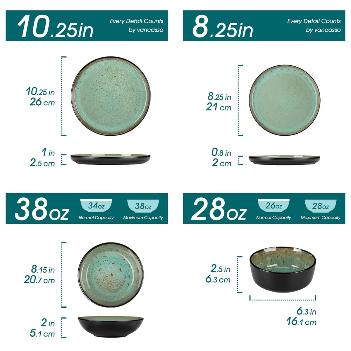 vancasso Amber 24 Pieces Dinner Set for 6, Reactive Glaze Stoneware Plates and Bowls Set, Green Crockery Set with Dinner Plates, Dessert Plates, Soup Bowls & Cereal Bowls, Microwave & Dishwasher Safe — view 2