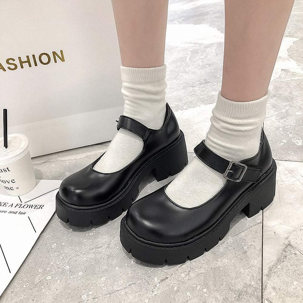 Womens Platform Mary Janes Shoes Sweet Toe Ankle Lolita Gothic Pumps Chunky Patent Leather — view 2