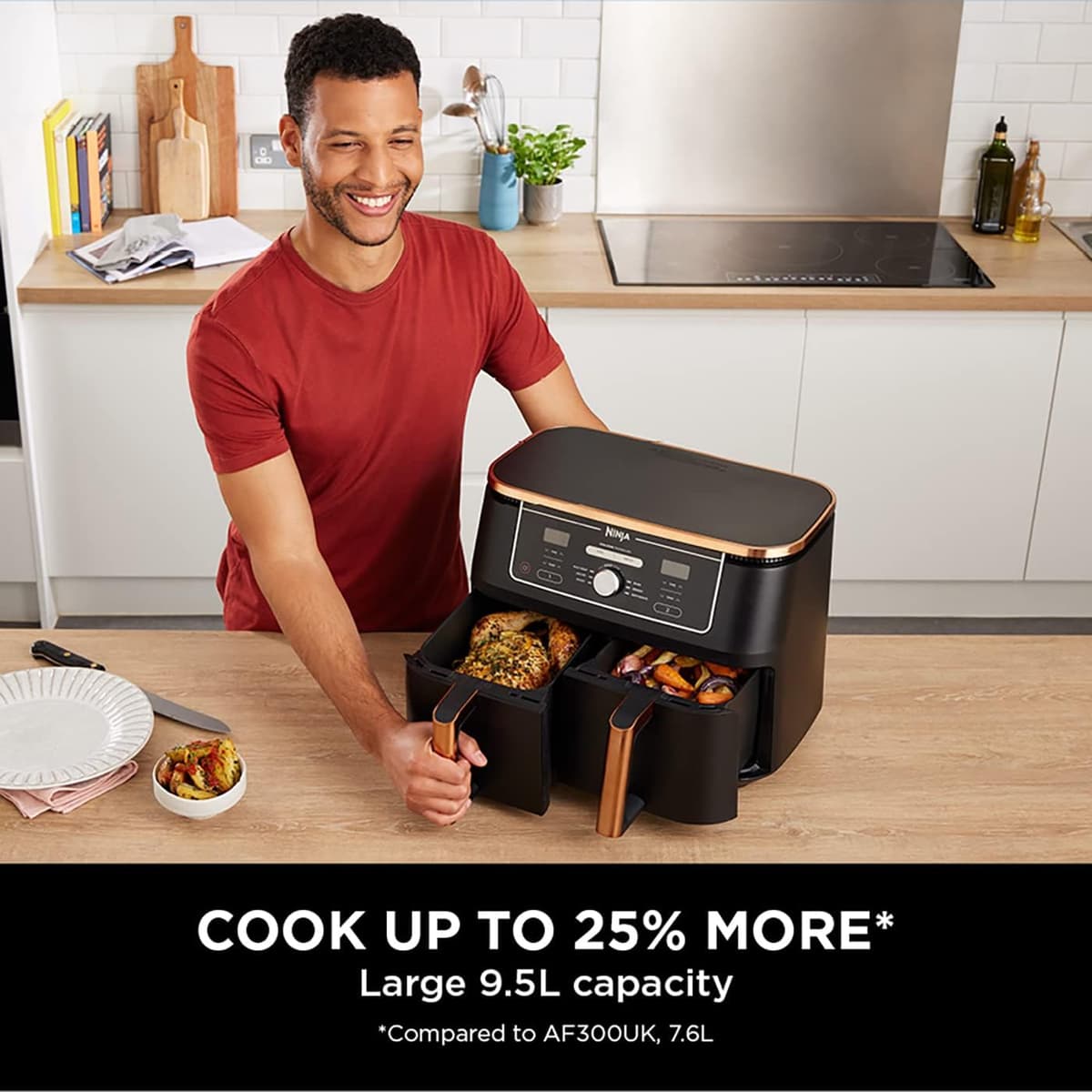 Ninja Foodi MAX Dual Zone Air Fryer, Amazon Exclusive, Tongs, 2 Drawers, 9.5L, 6-in-1, Use No Oil, Air Fry, Max Crisp, Roast, Bake, 8 Portions, Nonstick Dishwasher Safe Baskets, Copper/Black AF400UKCP — view 4
