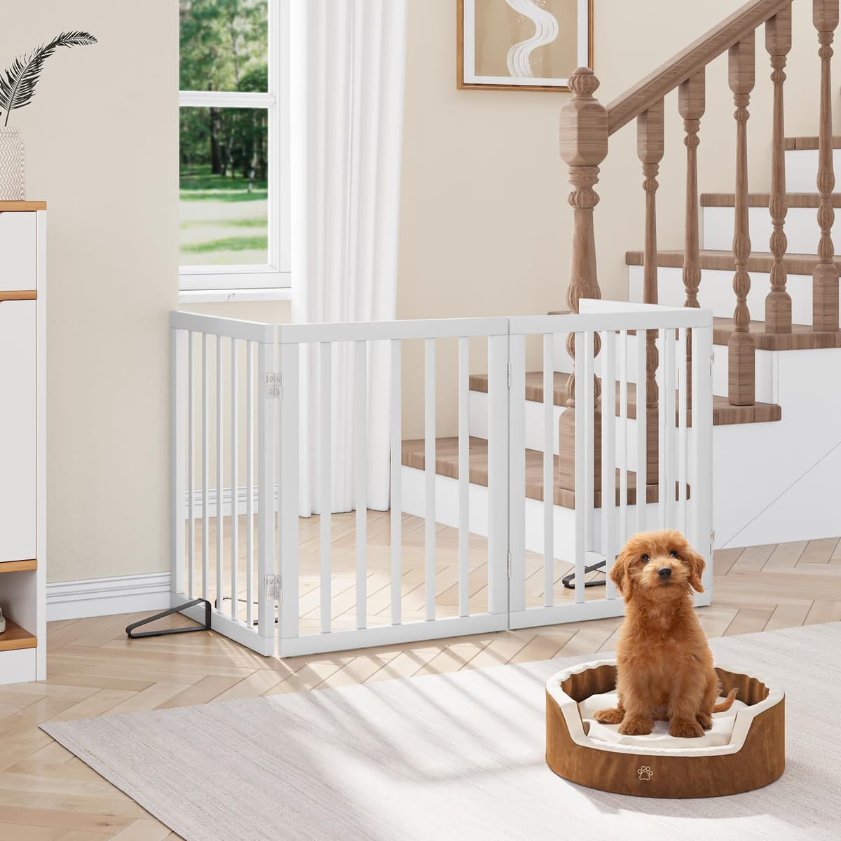 Semiocthome Freestanding Dog Gates and Barriers Indoor Pet Gates for Doorways and Stairs, 60cm(H) 4-Panel Puppy Gate with 2 Metals Stands Fully Assembled Adjustable Safety Fence Fit Up to 188cm White — view 2