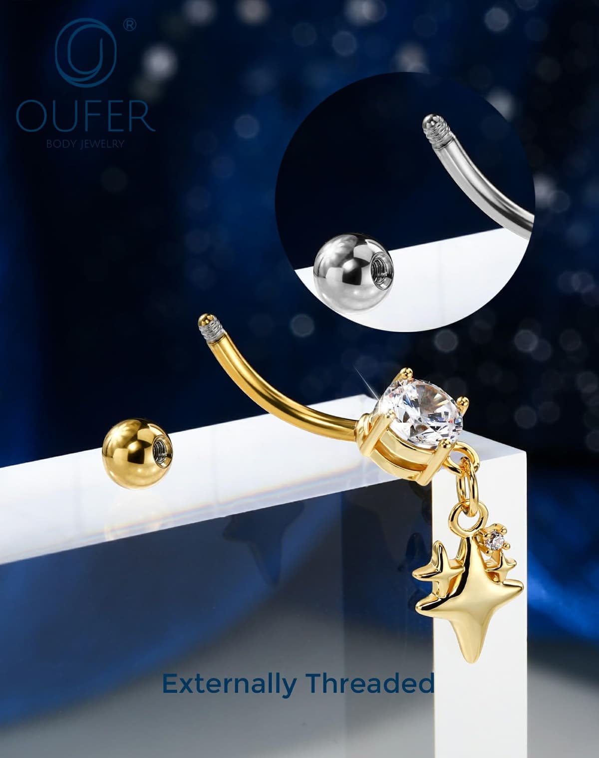 OUFER Body Piercing Belly Bar: 14G 316L Stainless Steel Navel Ring Star Dangle CZ Navel Piercing Jewellery Gold/Silver 1.6mm/10mm Belly BUtton Rings for Beach Party Women — view 3