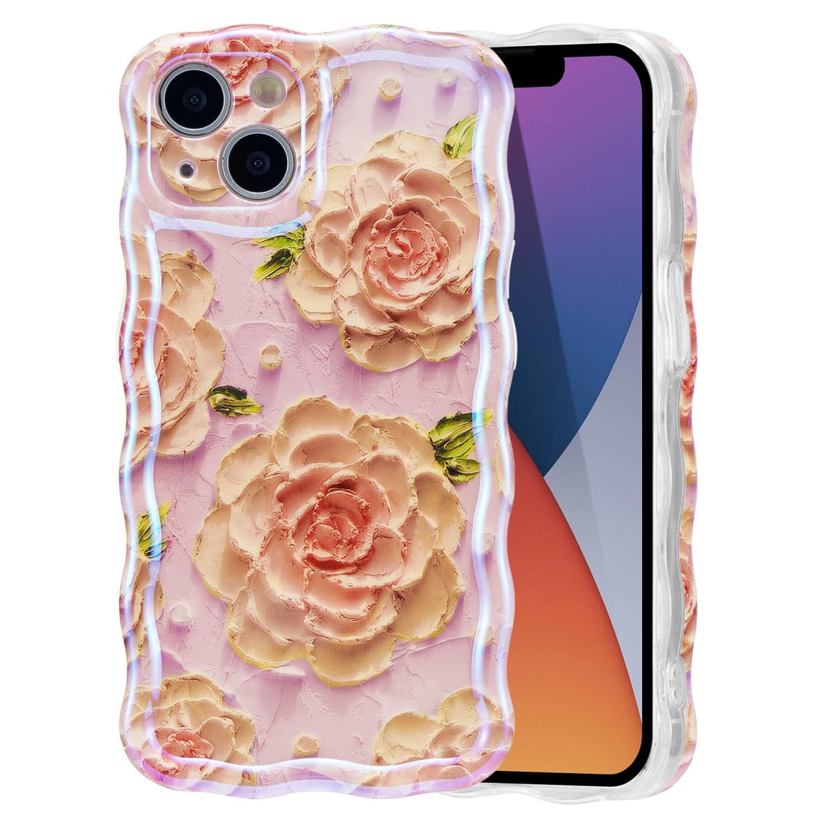 EYZUTAK Case for iPhone 16, Colorful Retro Oil Painting Printed Flower Laser Glossy Pattern Cute Curly Wave Edge Exquisite Phone Cover Stylish Durable TPU Protective Case for Girl Women-Green — view 34