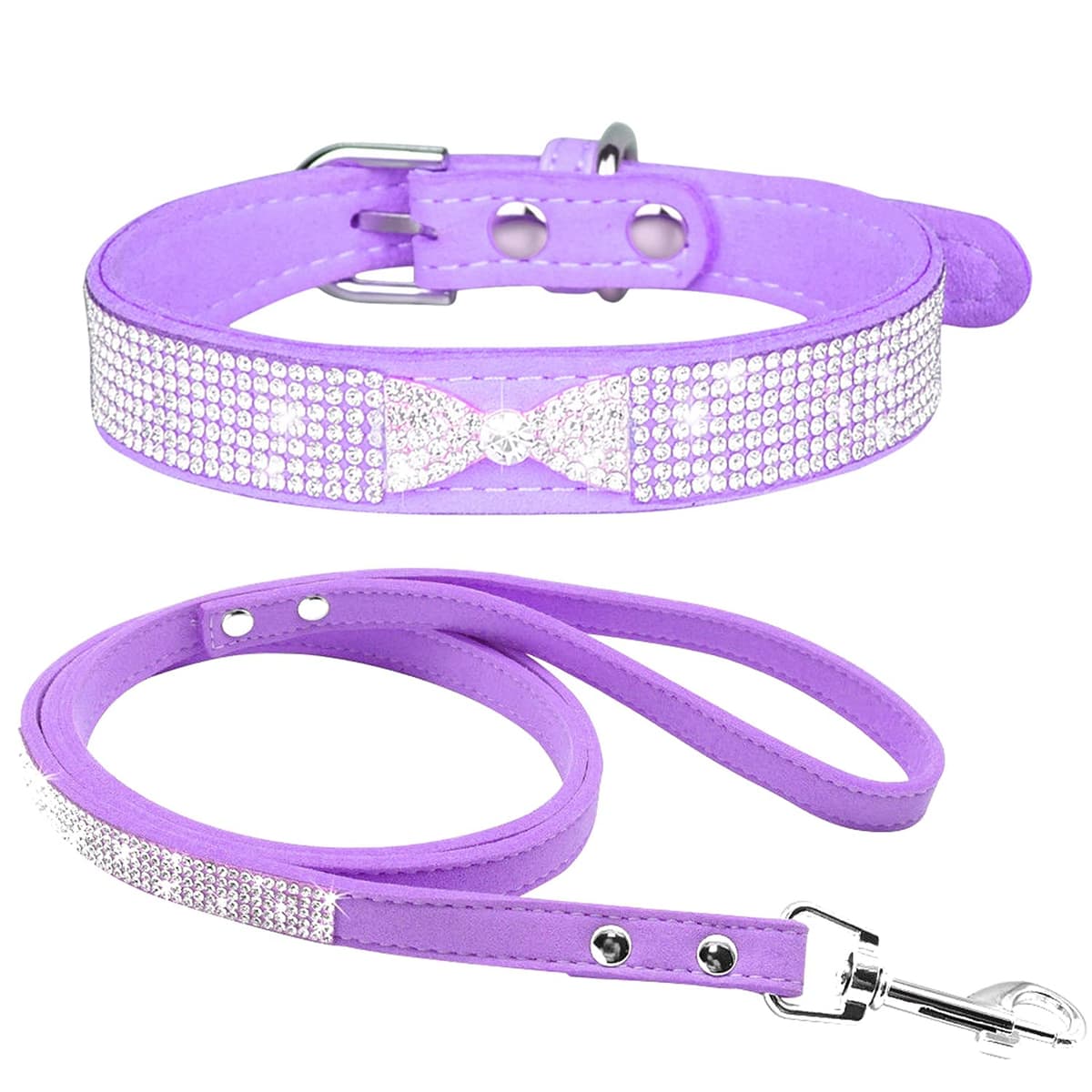 Cute Dazzling Sparkling Elegant Fancy Soft Suede Leather Bling Rhinestone Crystal Jeweled Pet Cat Dog Puppy Collar Dog Leash Combo Set (S, Black-2) — view 8