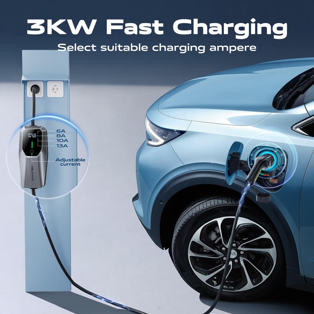 VDLPOWEREU EV Charger Cable Type 2 to 3 Pin Plug, Electric Car Charger 3kW, [6/8/10/13A] Type 2 Charging Cable 3 Pin EV Charger IP65 Advanced Protection Suitable for EVs & PHEVs — view 2