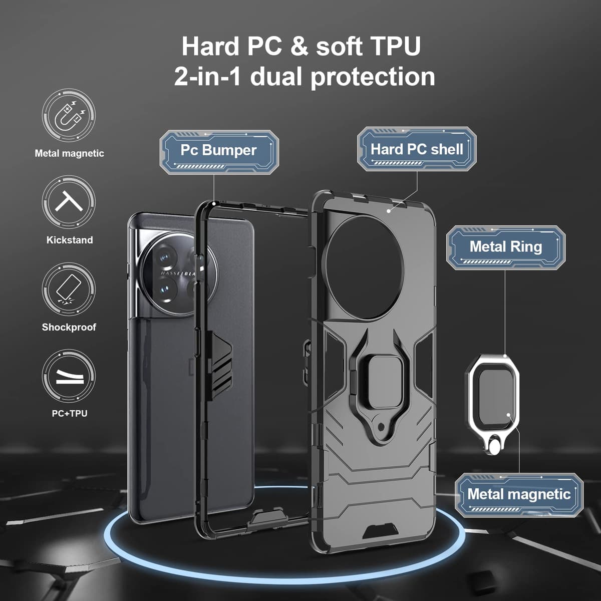 Funda para CMF Phone 2 Pro, Carcasa Antigolpes con Soporte anular metálico, Case Protectora de Grado Militar, Negro — view 709