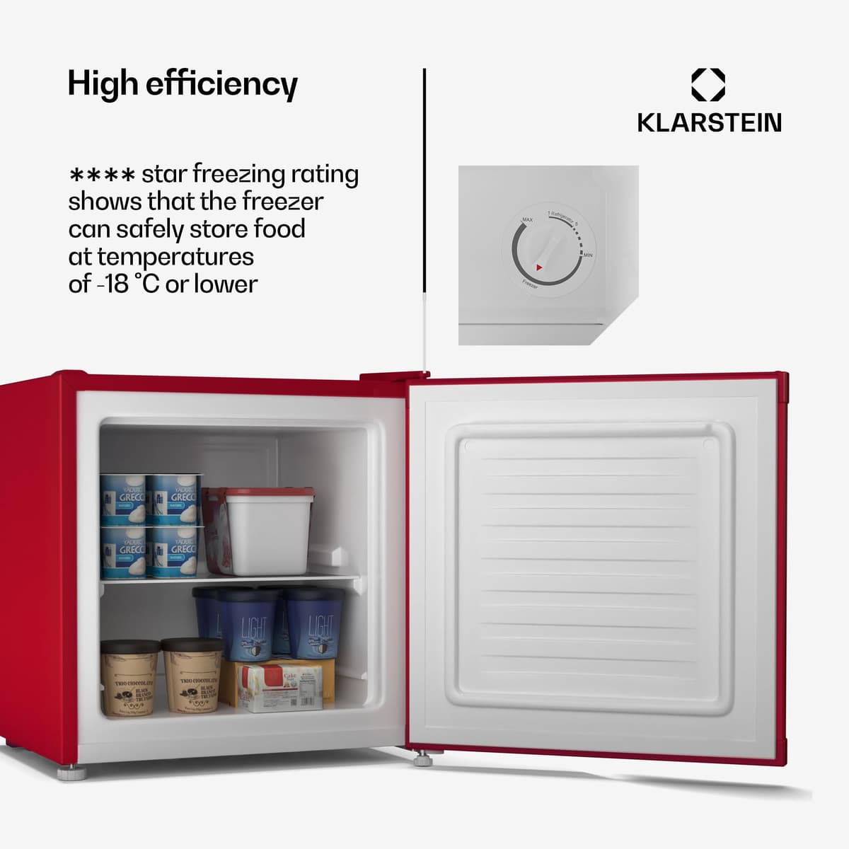 Klarstein Irene Retro Mini Freezer, 31L Fridge/Freezer, Adjustable Temp -24°C to 10°C, Energy Class C, Quiet 38 dB, Compact Table Top Design, Red, Ideal for Bedrooms & Small Spaces — view 4