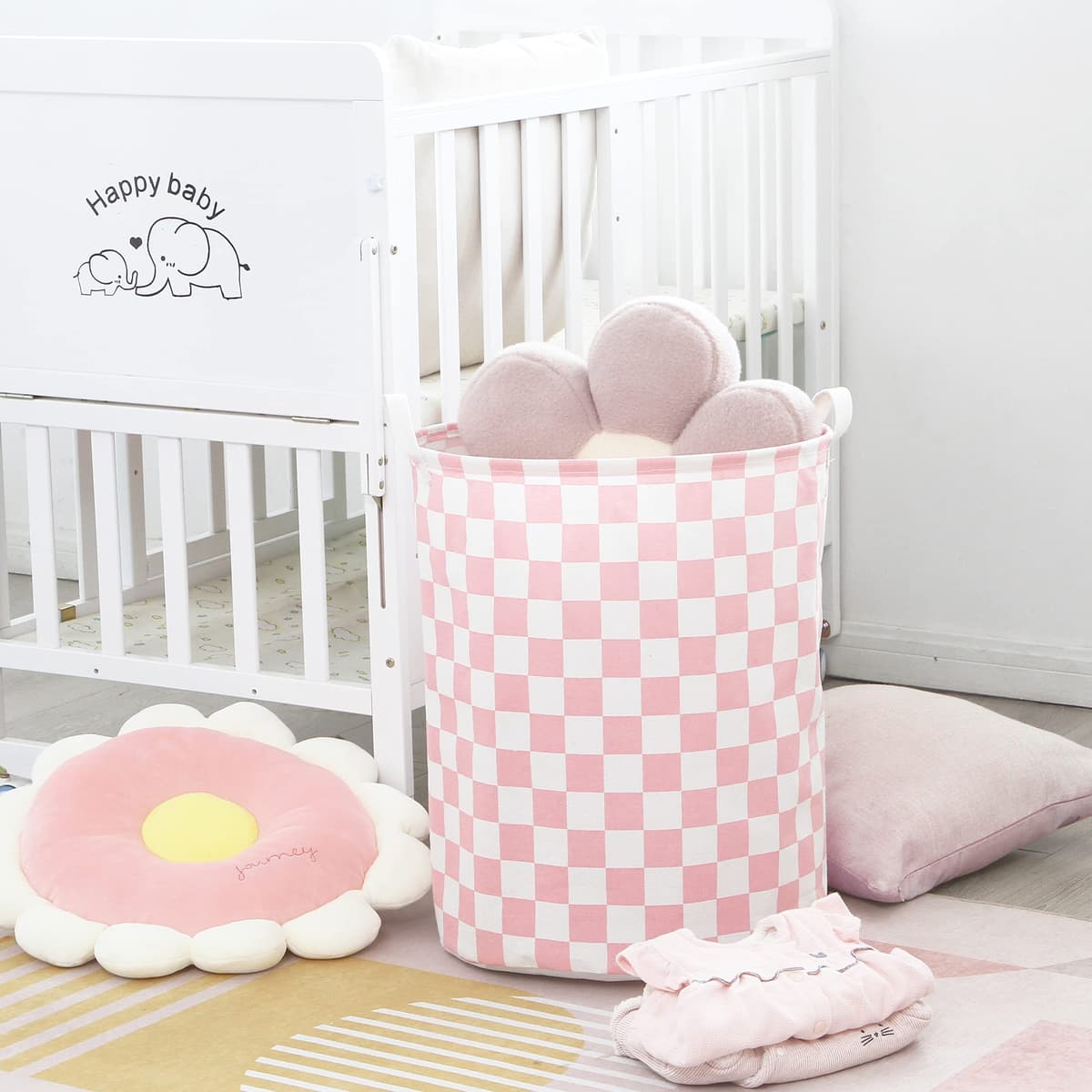 Sea Team 19.7 Inch Large Sized Waterproof Coating Ramie Cotton Fabric Folding Laundry Hamper Bucket Cylindric Burlap Canvas Storage Basket with Stylish Grid Pink Design — view 2