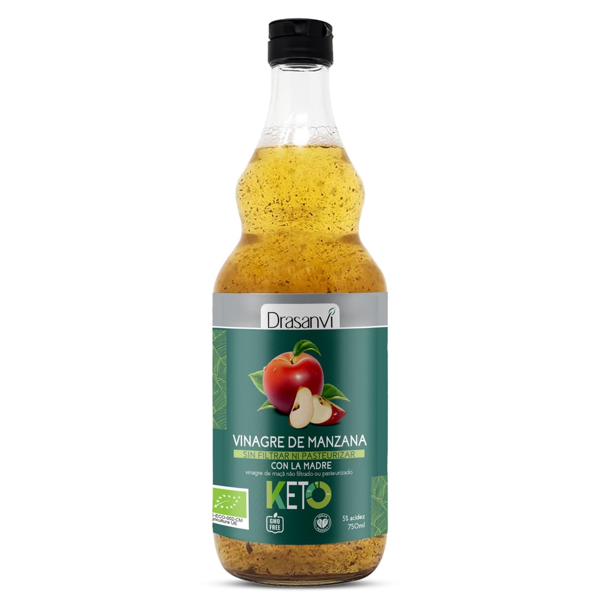 DRASANVI VINAGRE DE MANZANA MADRE SIN FILTRAR CERTIFICADO BIO | Vinagre de sidra de manzana KETO | Apple Cider Vinegar |Manzanas ecologicas | VEGANO - SIN GLUTEN - 75cl