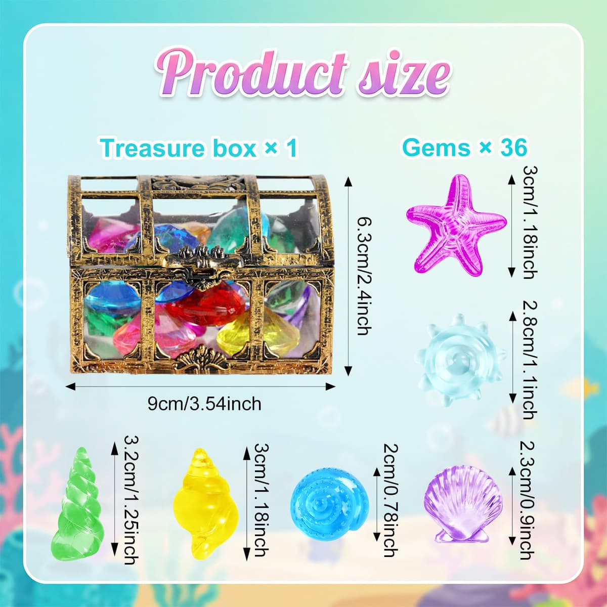 EKKONG Set de Gemas Coloridos, Gemas Piratas de Acrílico, 36 Piedras Preciosas de Buceo con 1 Cofre Pirata, Juguetes de Piscina Diving Gems para Piscinas, Playas y Búsquedas del Tesoro (Bronce) — view 2