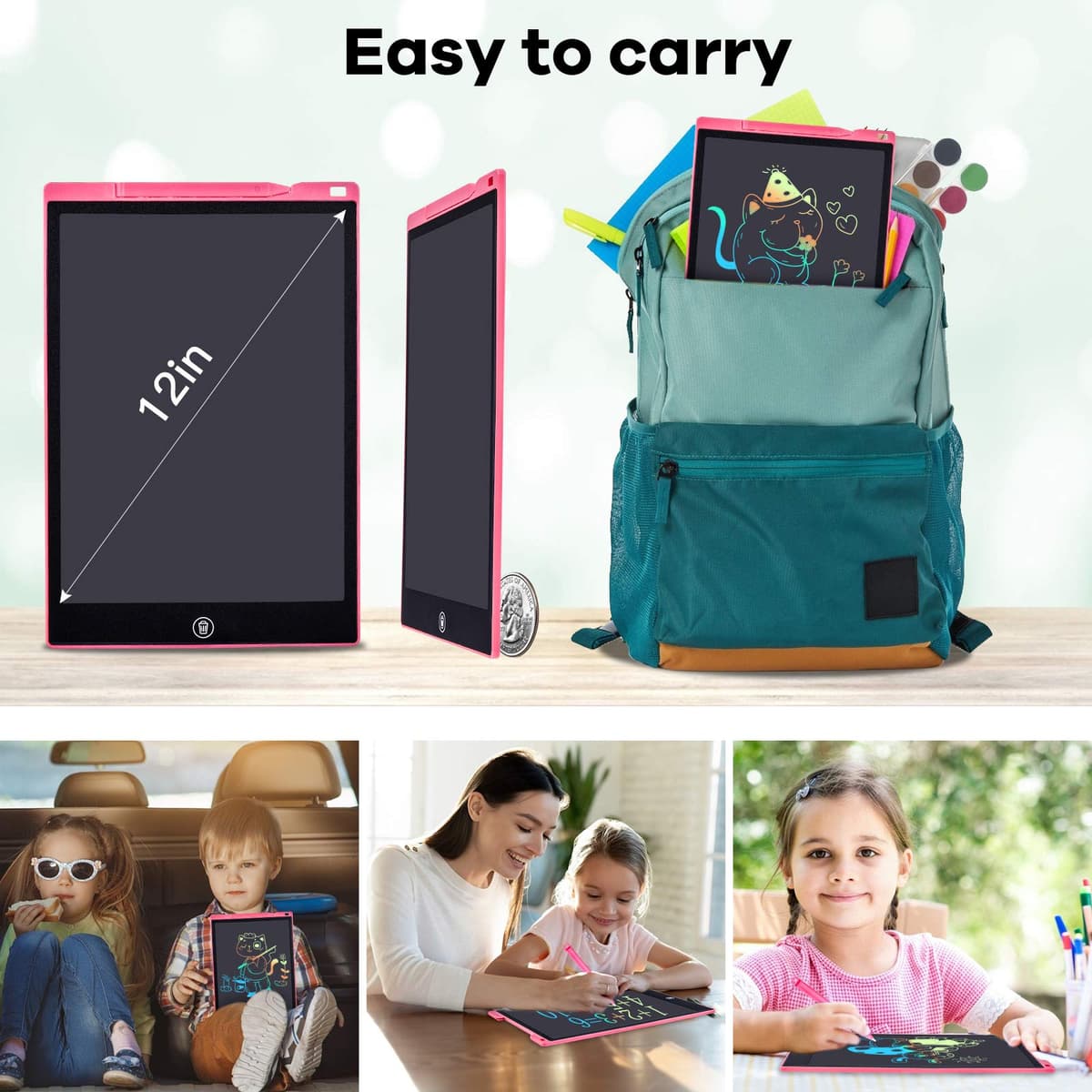Tableta de Escritura Color LCD 12 Pulgadas, Tablet Escritura Pantalla Colorido Infantil, Tableta Grafica Dibujo Niños Adecuada para el Hogar, Escuela, Oficina, Cuaderno de Notas con Fundas (Pink) — view 5