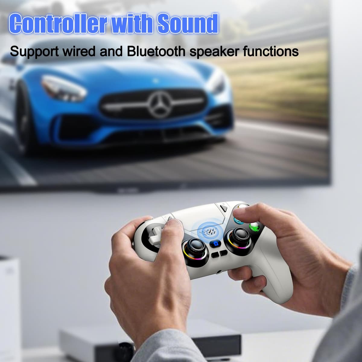Gamrombo LED Wireless Controller for PS5, Compatible with PS5 Pro/Slim/PC, Dual Vibration, Macro/Turbo Function, 3.5mm Audio Jack, 6-Axis Motion Control Gamepad with Speaker(White) — view 5