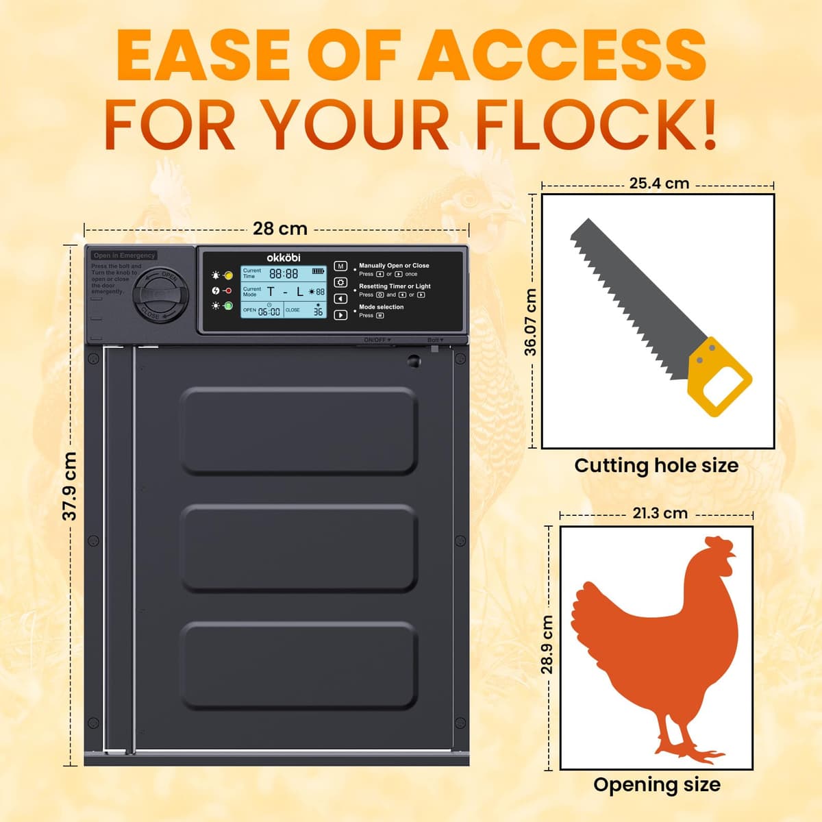 Okköbi Automatic Chicken Coop Door PRO - Light Sensor & Timer - Anti-Pinch Function - Wide Opening - New Model - Solar Powered with LCD Display & Remote Control - 5 Year Protection — view 8