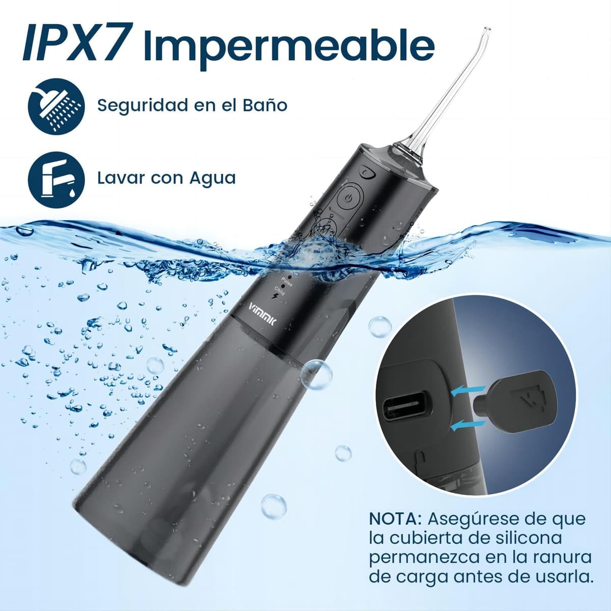 Irrigador Bucal Portatil, Vimmk Irrigador Dental Inalámbrico Profesional 8 Boquillas 5 Modos, IPX7 Impermeable 300ML USB-C Recargable Para Limpieza Dientes, Para el Hogar y los Viajes (Negro) — view 4