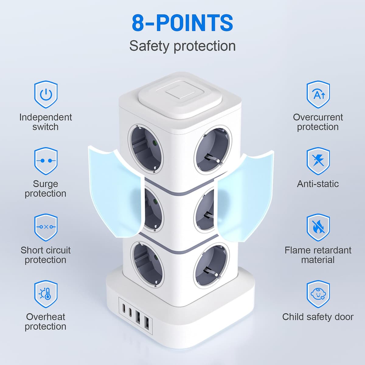 Power Strip Sockets 16 in 1 Vertical Power Strip Plugs with 12 Outlets and 2USB-A 2USB-A 2USB-C Tower Power Strips Sockets 2500W/10A Overload Protection 3 Meter Cable with Switch for Office Home — view 6