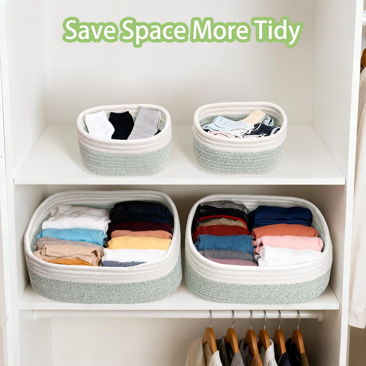 Withosent Juego de 4 Cestas Almacenaje Tejida con Cuerda de Algodón, Cesta Bebe Organizadoras, Cajas Organizadoras Baño Decorativas para Armarios, Salones, Juguetes, Cambiador — view 5