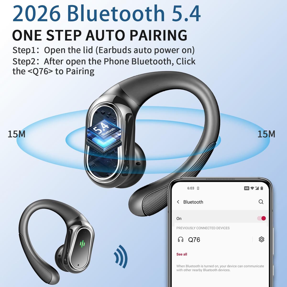 Auriculares inalámbricos Bluetooth Deportivos, Auriculares Bluetooth 5.4 HiFi Estéreo con 4 HD Mic, 50H Cascos Inalambricos con Cancelacion Ruido ENC, IP7 Impermeable Cascos para Running/Pantalla LED — view 3