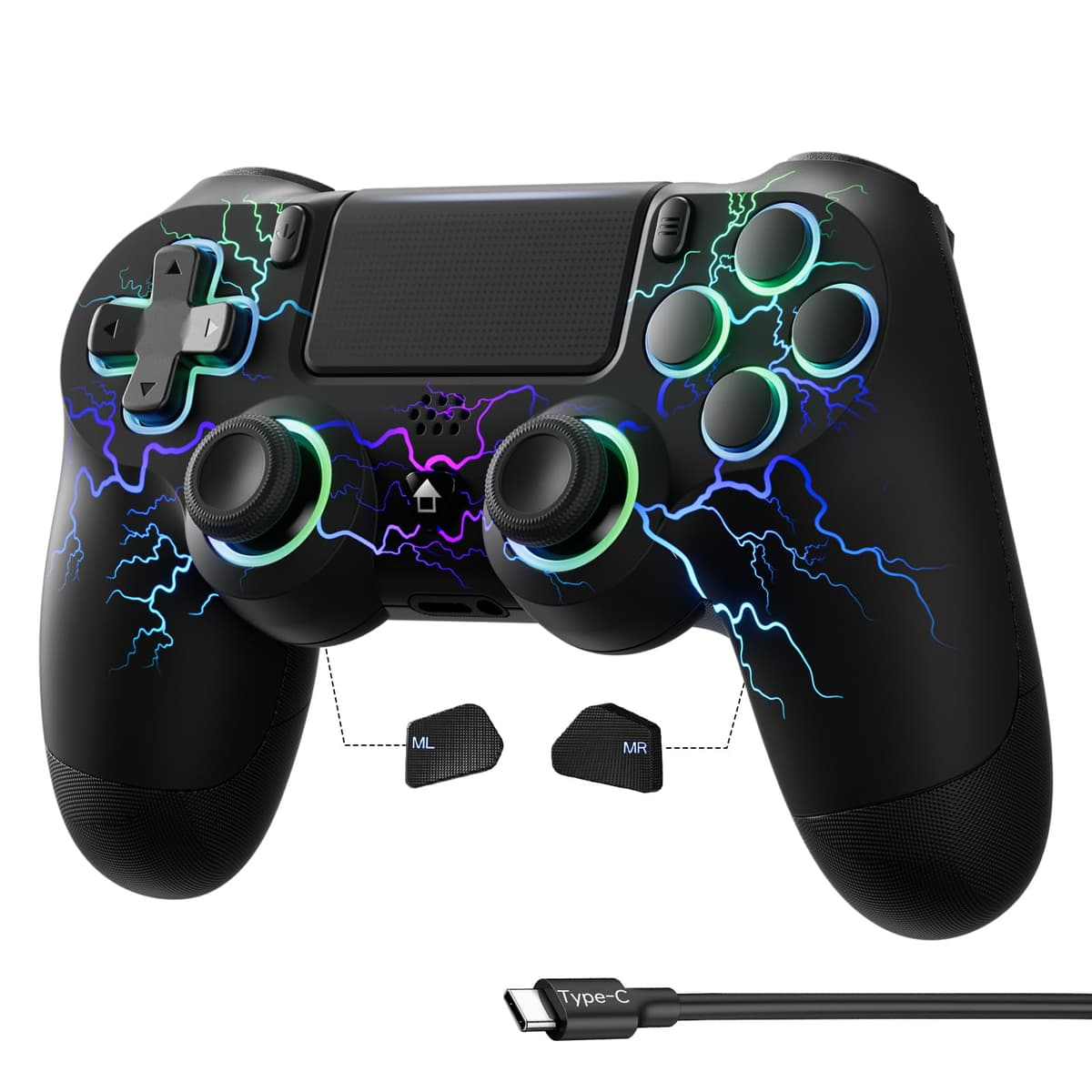 ECHTPower Mando para PS4, Upgrade Mando Bluetooth para PS4/PC, Type-C Puerto, Hall Joystick, Botones Traseros, 1000mAH Batería, Turbo, Vibración, Giroscopio, Diesño Ergonómico Antideslizante