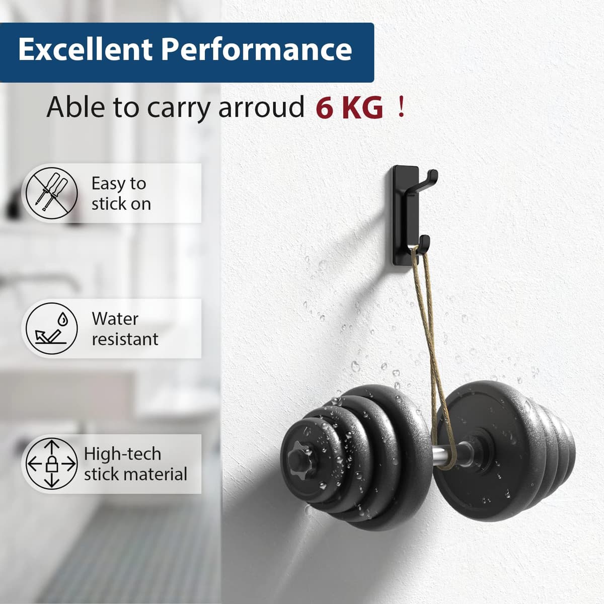 Self Adhesive Hooks, Extra Sticky and Strong, Hanging up to 6KG, Heavy Duty Stick on, No-Nail Hook for Back of Door, Black, 4 Pack — view 2