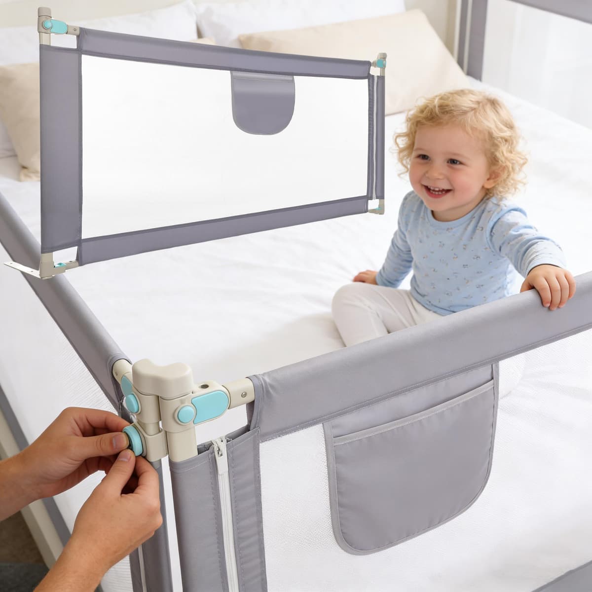 Barrera Seguridad Niños Cama, Barandilla Cama 150/180/200cm, Protección Anticaídas con Malla Transpirable, Barandilla Regulable en Altura 69-98 cm, Pasamanos con Bolsillo Lateral, Apto para Boxspring