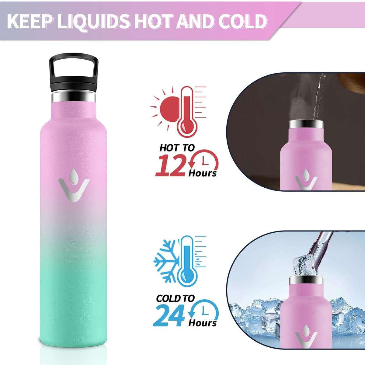 Motswedi Botella agua Termica, 1000ml Doble Aislamiento, Botella Termica 1 litro, Mantener 12H Caliente/24 Frío, Cantimplora, a Prueba de Fugas, Thermoflask, para Viaje, Exterior, Rosa & Verde — view 3