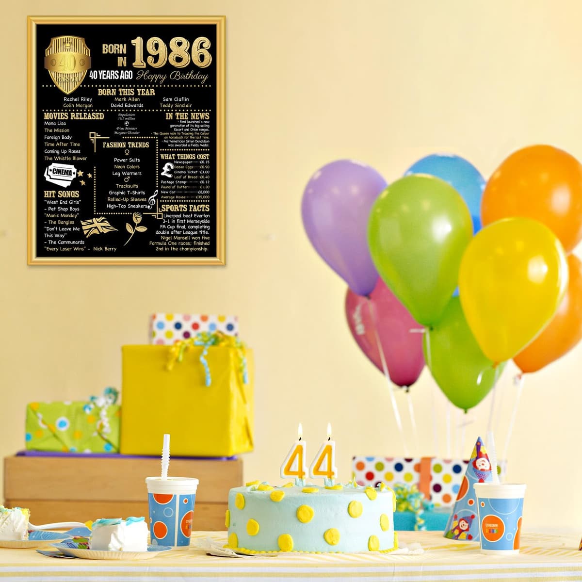 Benjia 1986 Poster Framed UK, Happy 40th Birthday Sign Card Party Decor Supplies Home Decoration Birthday Gift 40 Years Old Wedding Newspaper For Men Women (8x10 inch, Black Gold) — view 5