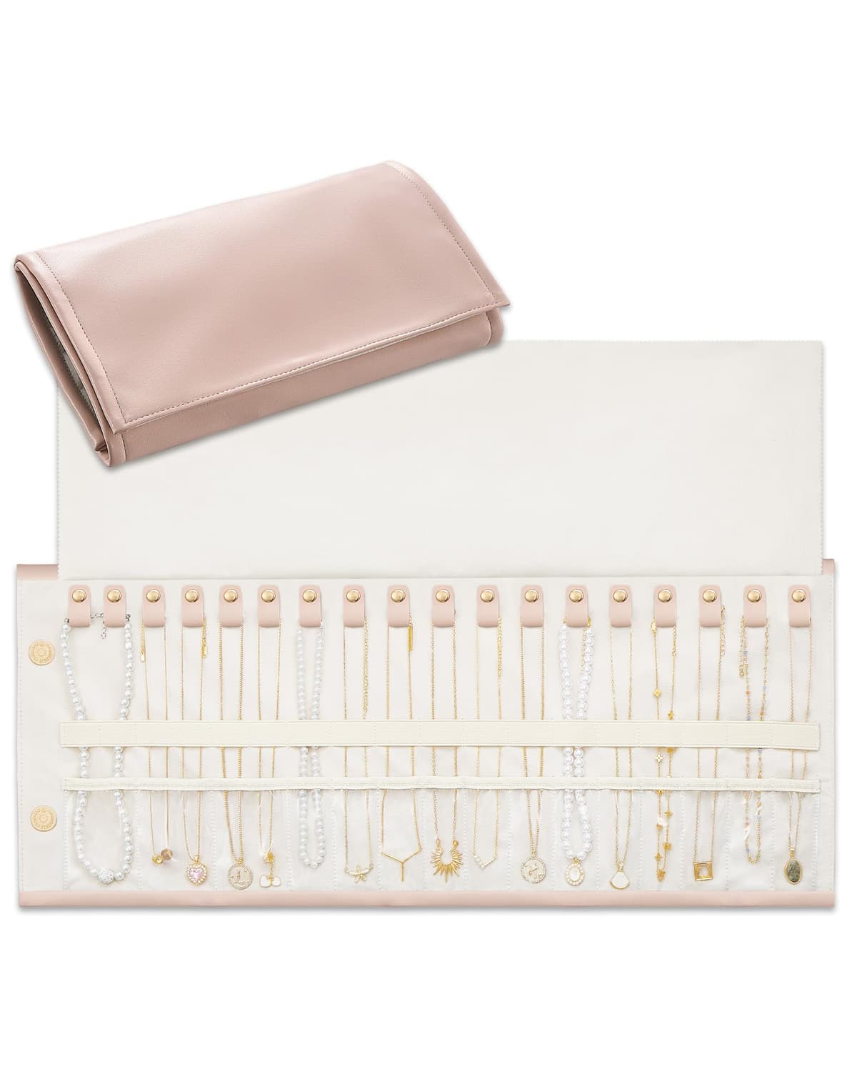 Lolalet Organizador de Collares de Viaje Antienredos, Bolsa de Joyas de Cuero Plegable y Enrollable para Collares, Cadenas y Pulseras - Blanco Crema, 18 Compartimentos — view 9