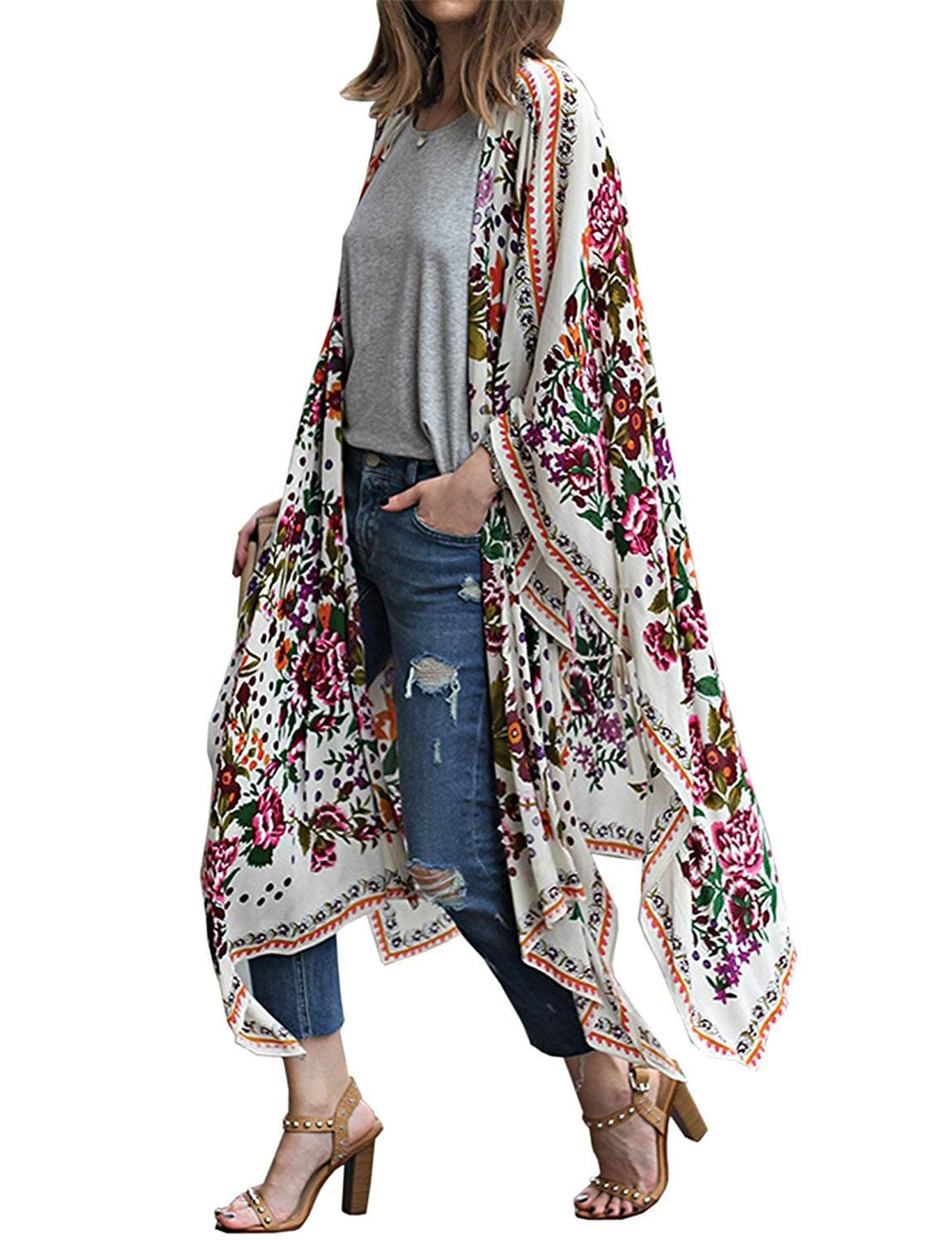 MayBuy Women's Summer Long Flowy Kimono Cardigans Boho Chiffon Floral Beach Cover Up Tops — view 42
