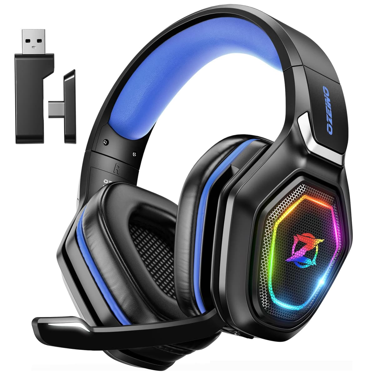 Ozeino Wireless Gaming Headset, Compatible with PC Ps5 Ps4 Boasts 2.4GHz Lossless Audio, USB & Type-C, Flip Microphone and 40-Hr Battery - Suited for Switch, Laptop, Mac — view 10