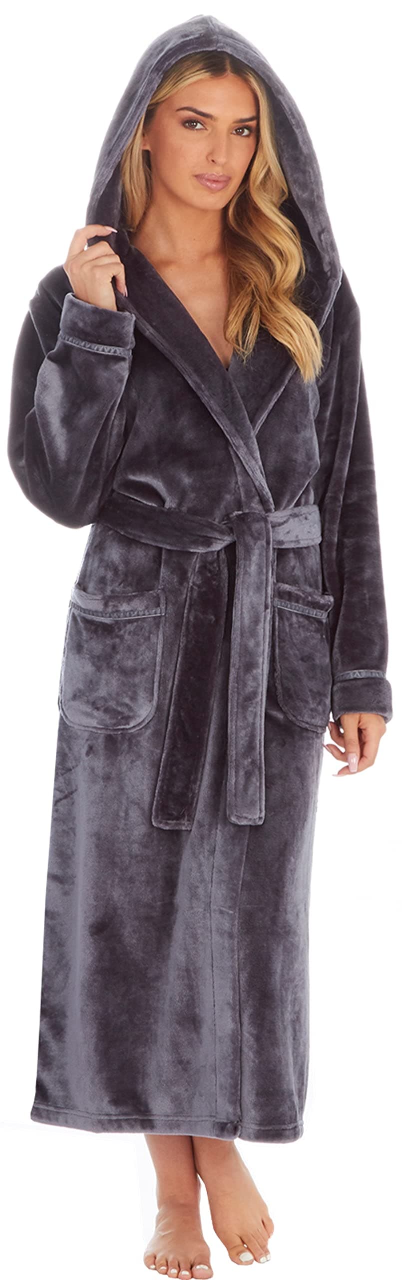 KATE MORGAN Ladies Dressing Gown Fluffy Super Soft Hooded Bathrobe for Women Plush Fleece Perfect Loungewear Long Robe | Gifts for Women — view 41