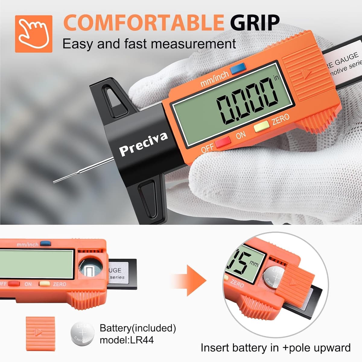 Preciva 2pcs Tyre Tread Depth Gauge, 0-25.4 mm/Inch Digital Precision Tire Surface Checker UK Measuring Tool with Large LCD Screen for Cars, Trucks, Motos, Orange 2 Orange — view 4