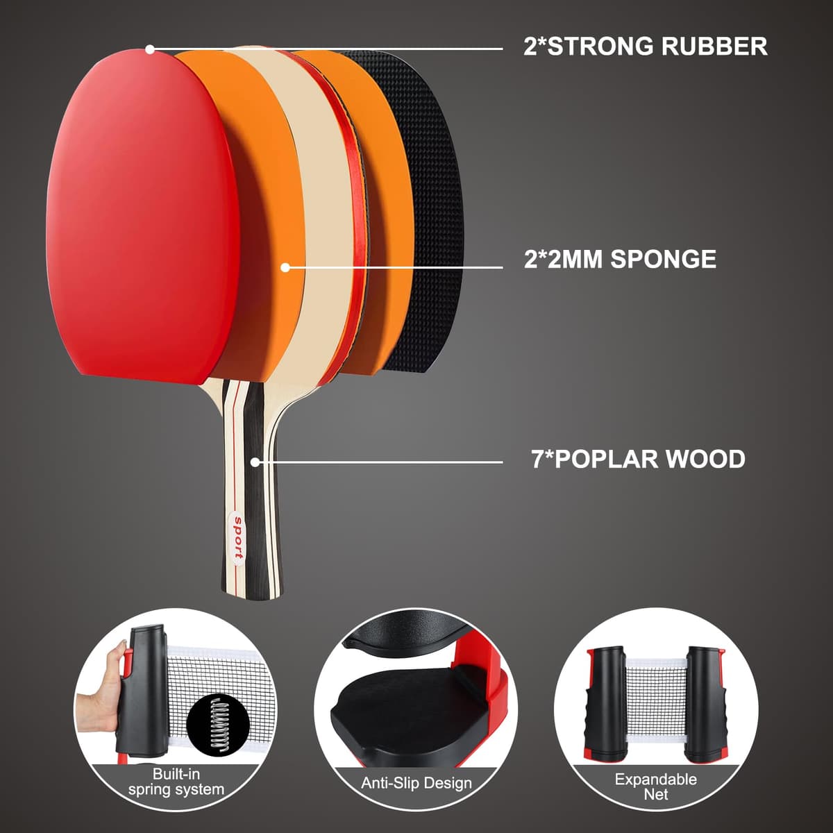 TOSUTO Sets de Ping Pong,2 Raquetas de Ping Pong,6 Pelotas,Red Retráctil y Bolsa de Transporte,Set de Ping Pongs Portátil para Principiantes y Expertos,Ideal para Juegos en Interiores y Exteriores — view 3