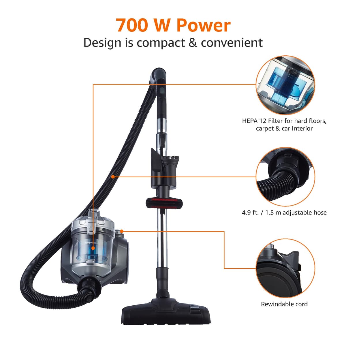 Amazon Basics Cylinder Bagless Vacuum Cleaner with HEPA filter for Hardfloor, Carpet & Car, Compact & Lightweight, 700W, 1.5L, Black — view 5