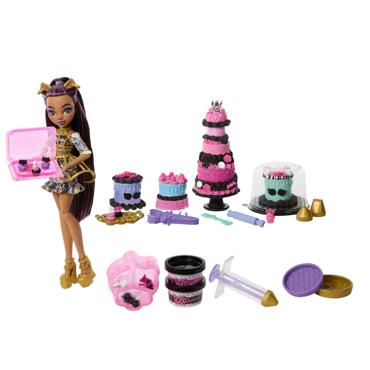 Monster High Cumplespantos Cleo De Nile Muñeca con vestido de fiesta dorado y accesorios temáticos como una invitación, un globo, un regalo, un pintalabios y mucho más, JBG76 — view 7