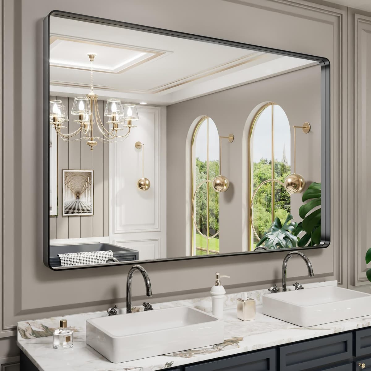 LOAAO 48”X36” Gold Bathroom Mirror, Rounded Rectangle Gold Frame Mirror, Brushed Gold Bathroom Vanity Mirror Wall-Mounted, Anti-Rust, Tempered Glass, Hangs Horizontally or Vertically — view 101