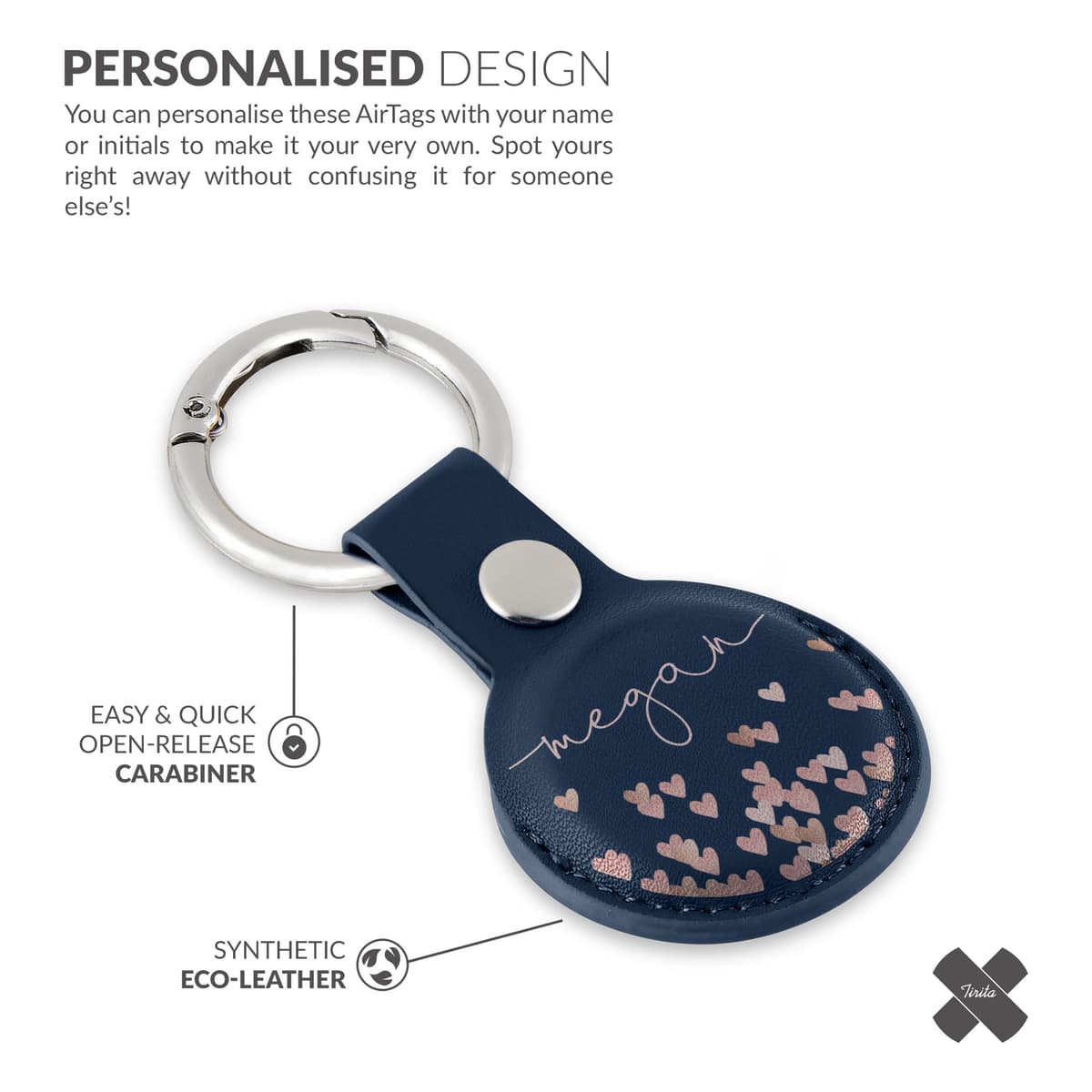 Tirita Personalised Case Keyring Holder Compatible with Apple AirTag 1 & 2 - Leather Case with Key Ring for Apple Air Tag [10- Rose Gold Hearts Rain on Blue] — view 5