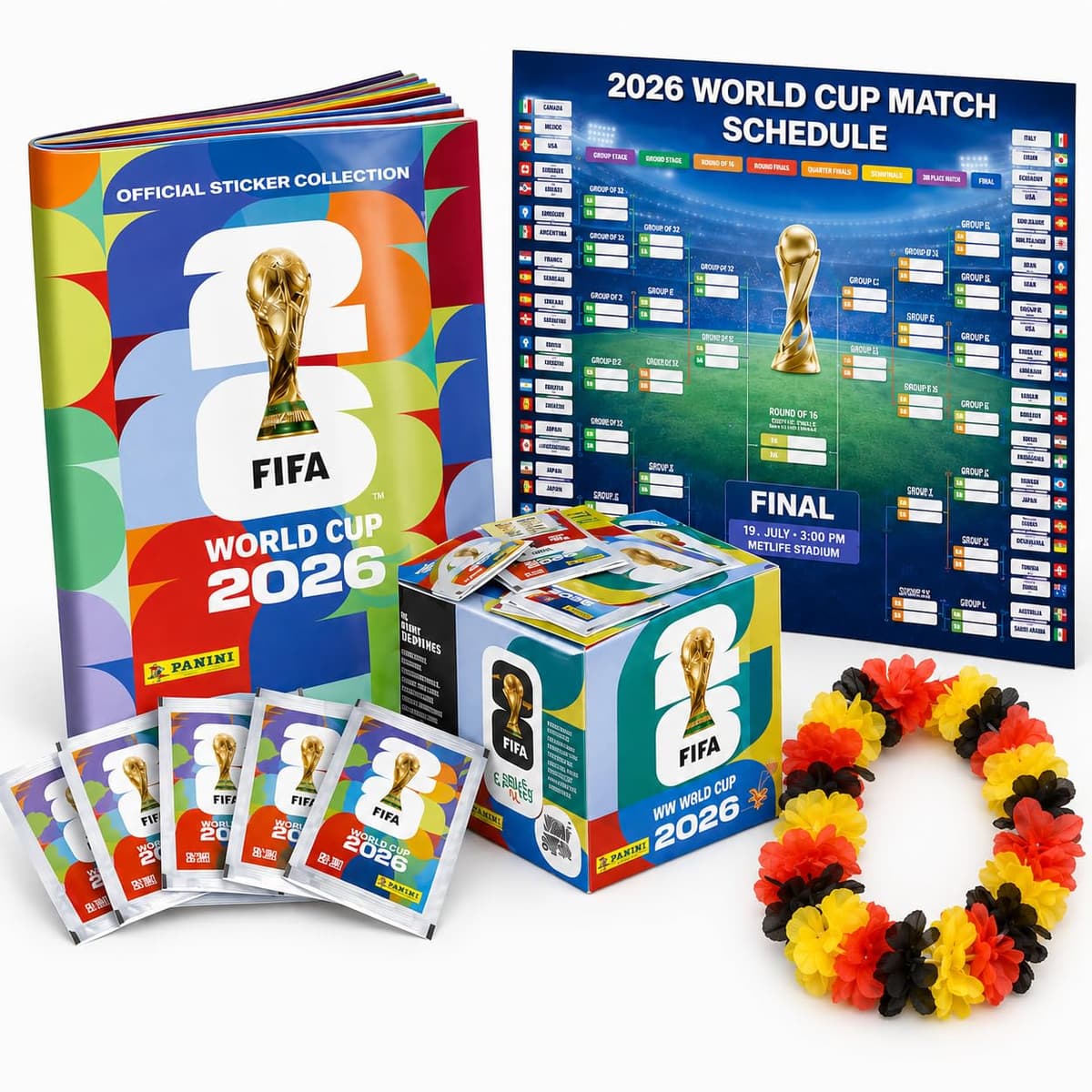 Set Panini Copa Mundial 2026 Álbum & Stickers – Tarjetas de Fútbol Coleccionables con Calendario de Partidos, Collar de Flores Alemania & Álbum Panini (10 Sobres / 70 Stickers)