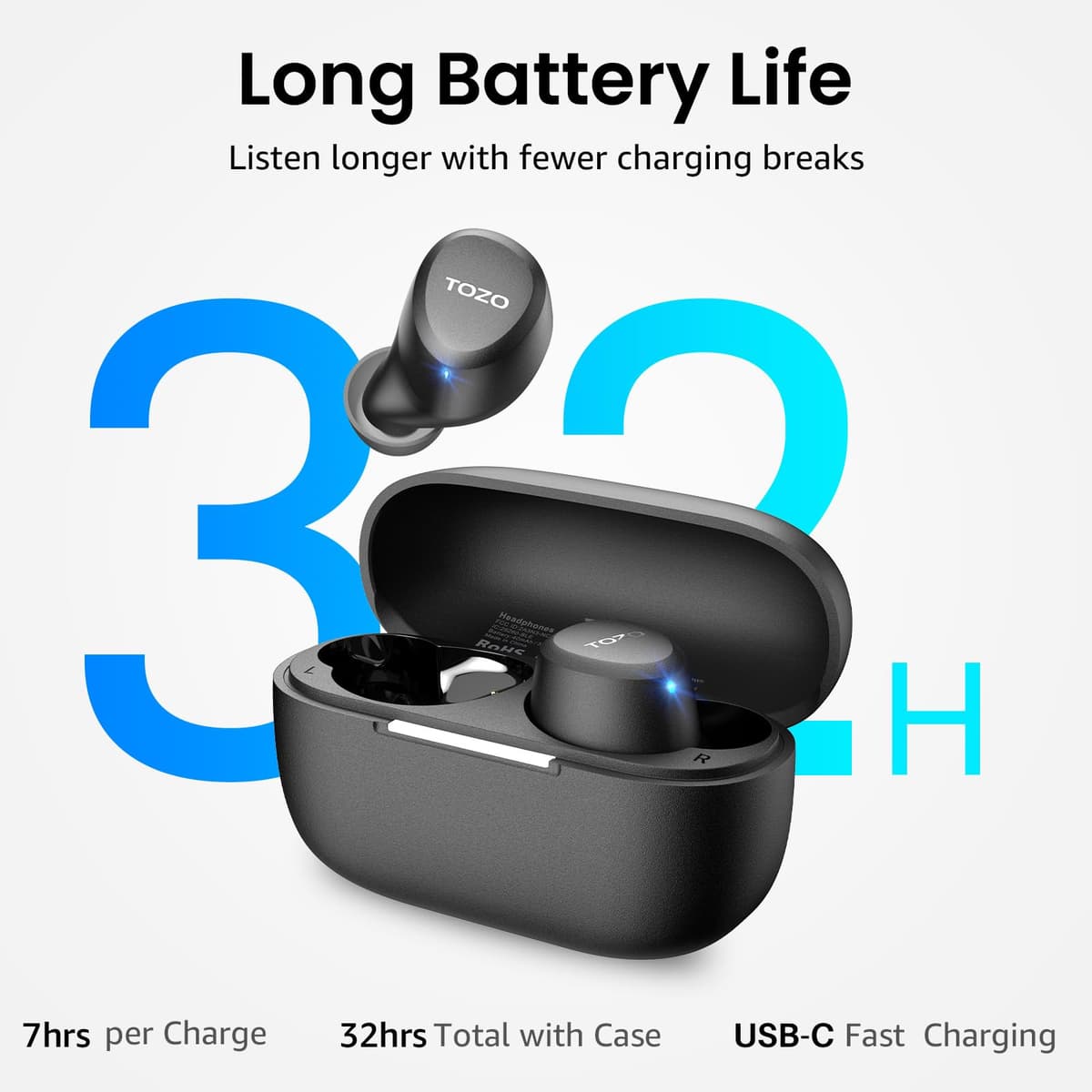 TOZO A1 Wireless Earbuds Bluetooth 5.3 Light Weight in Ear IPX5 Waterproof Headphones 2 Mic for AI Calls, Immersive Premium Sound Bass Headset with Charging Case, 32 Presets EQ Customization via App — view 5